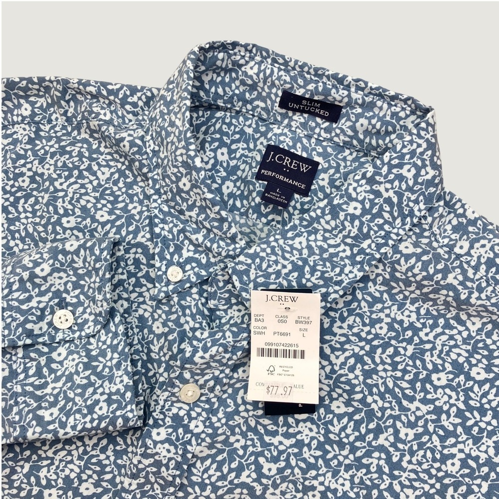 NEW J. Crew Men L Button Down Shirt Blue Floral Performance Washed Slim Untucked - Picture 1 of 10